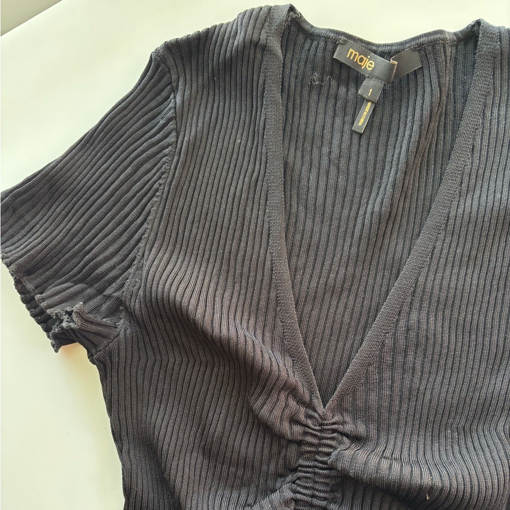 Maje Black Ribbed Drawstring Ruched Top - Picture 4 of 5